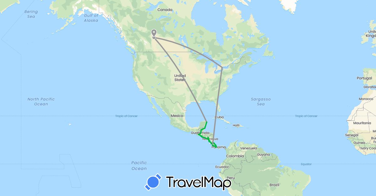 TravelMap itinerary: driving, bus, plane in Belize, Canada, Costa Rica, Guatemala, Mexico, Nicaragua, Panama, El Salvador (North America)